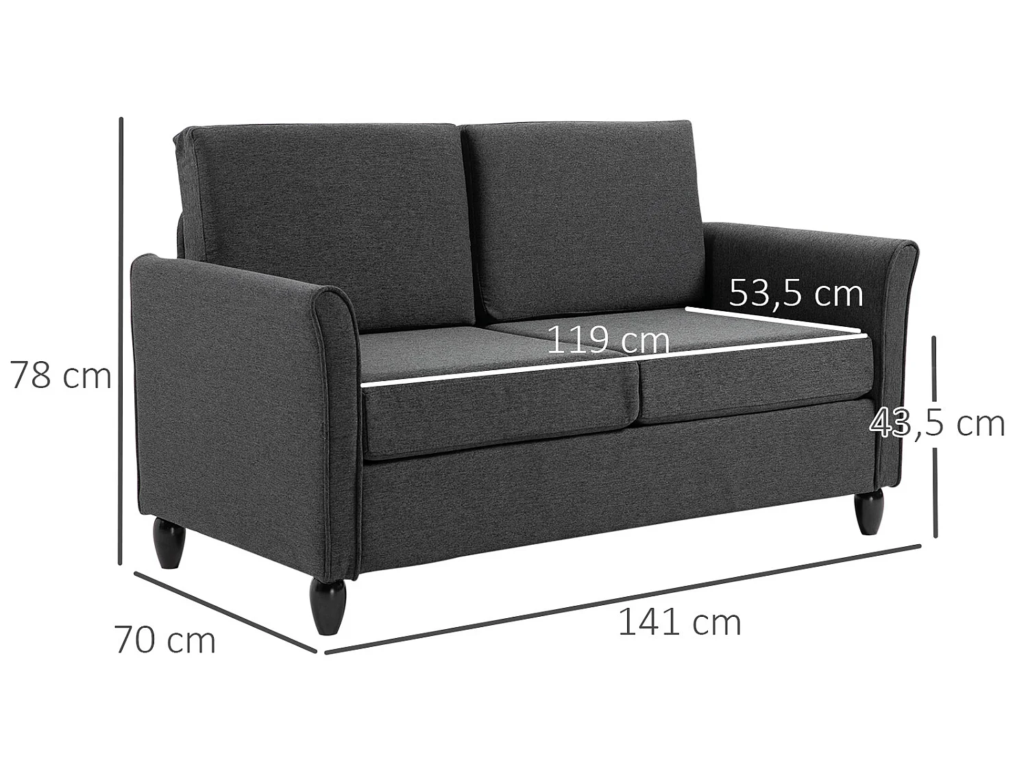 Canapé 2 places design scandinave dim. 141L x 70l x 78H cm pieds bois massif tissu lin gris foncé