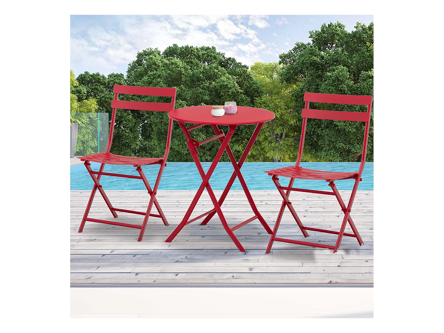 Salon de jardin bistro pliable - table ronde Ø 60 cm avec 2 chaises pliantes - métal thermolaqué rouge