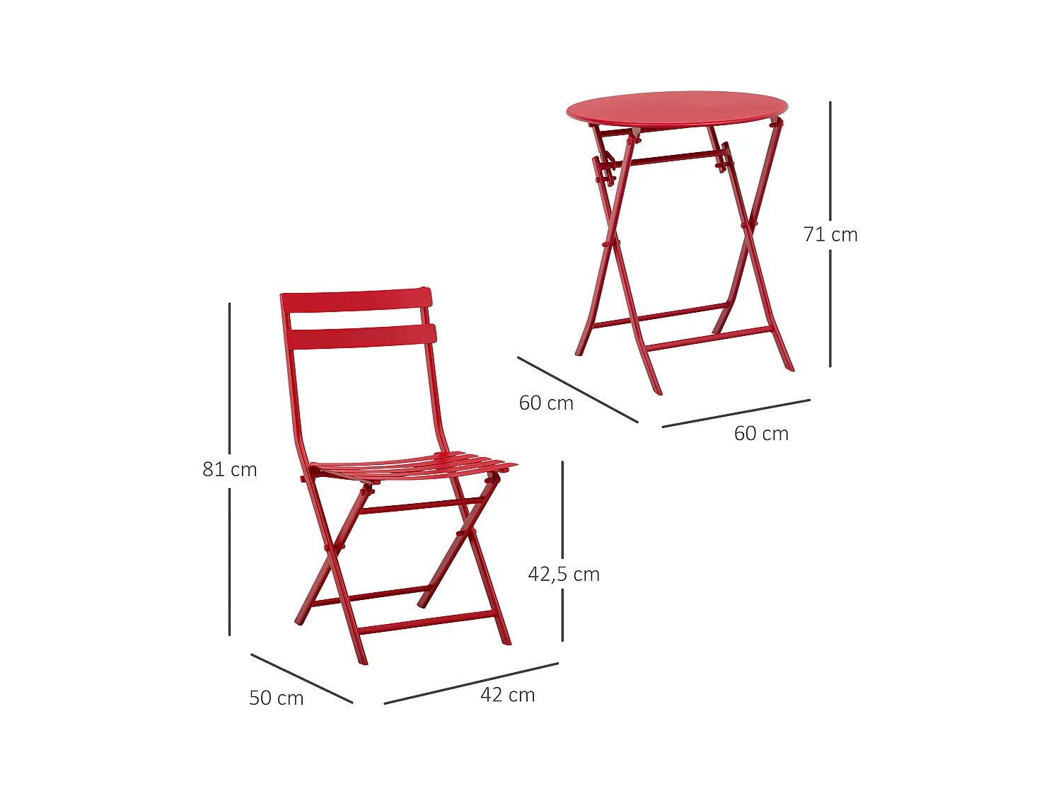 Salon de jardin bistro pliable - table ronde Ø 60 cm avec 2 chaises pliantes - métal thermolaqué rouge