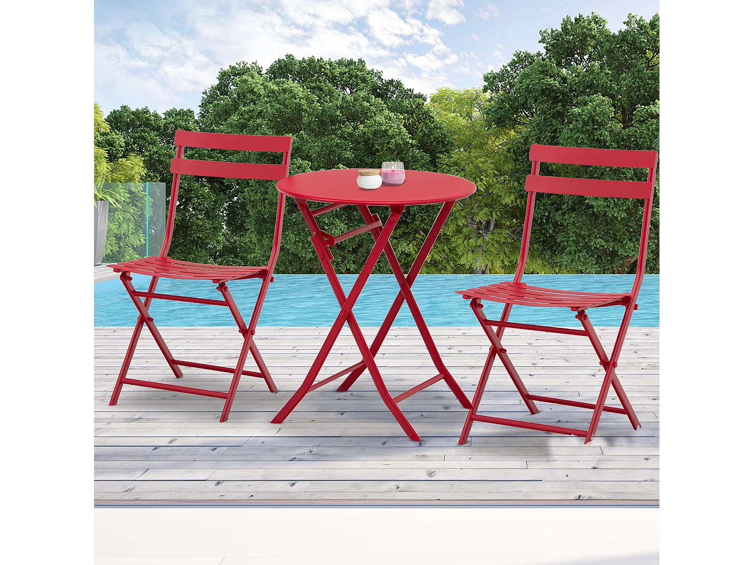 Salon de jardin bistro pliable - table ronde Ø 60 cm avec 2 chaises pliantes - métal thermolaqué rouge