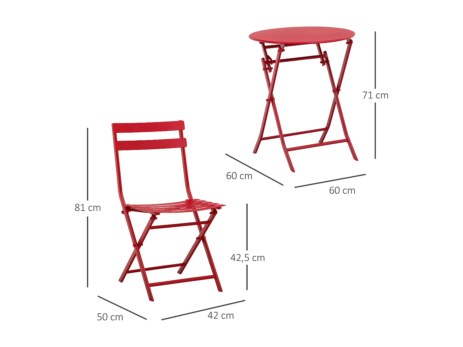 Salon de jardin bistro pliable - table ronde Ø 60 cm avec 2 chaises pliantes - métal thermolaqué rouge
