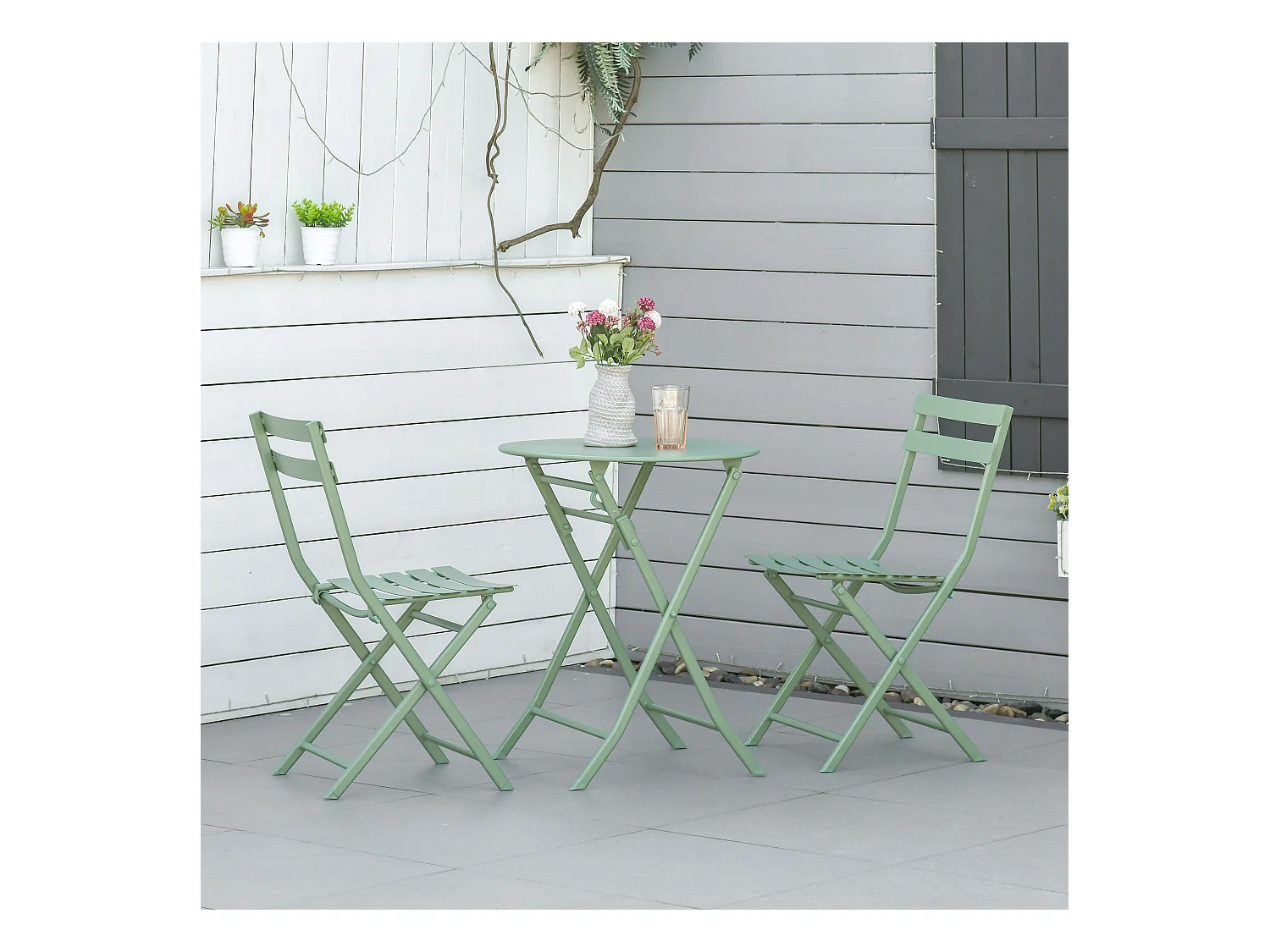 Salon de jardin bistro pliable - table ronde Ø 60 cm avec 2 chaises pliantes - métal thermolaqué vert d'eau
