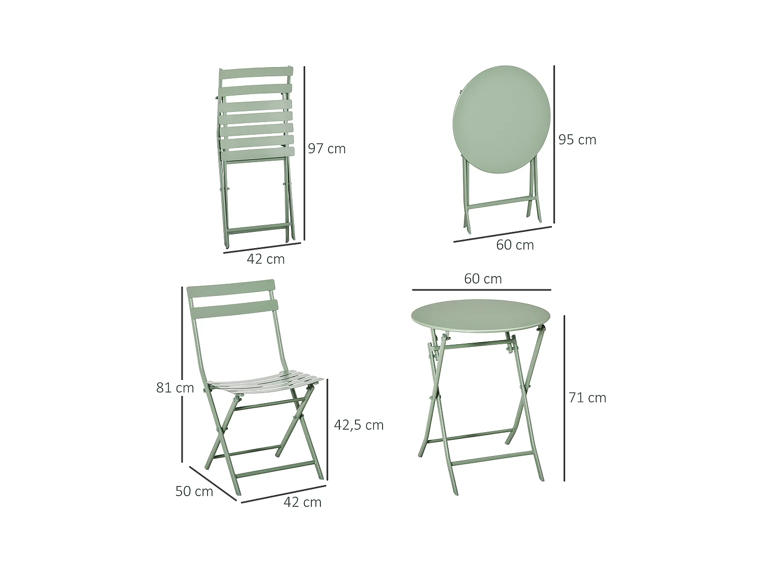 Salon de jardin bistro pliable - table ronde Ø 60 cm avec 2 chaises pliantes - métal thermolaqué vert d'eau