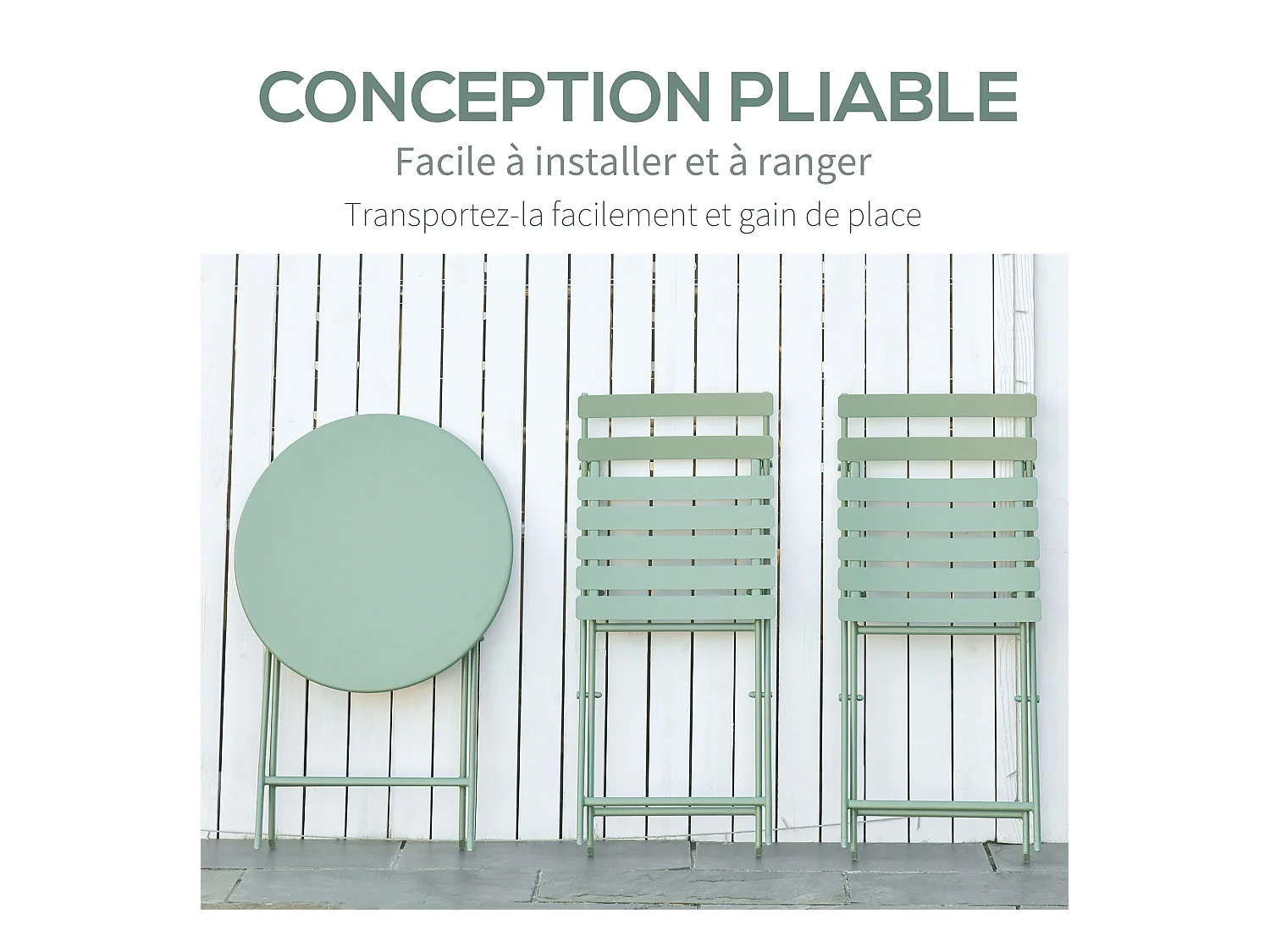 Salon de jardin bistro pliable - table ronde Ø 60 cm avec 2 chaises pliantes - métal thermolaqué vert d'eau