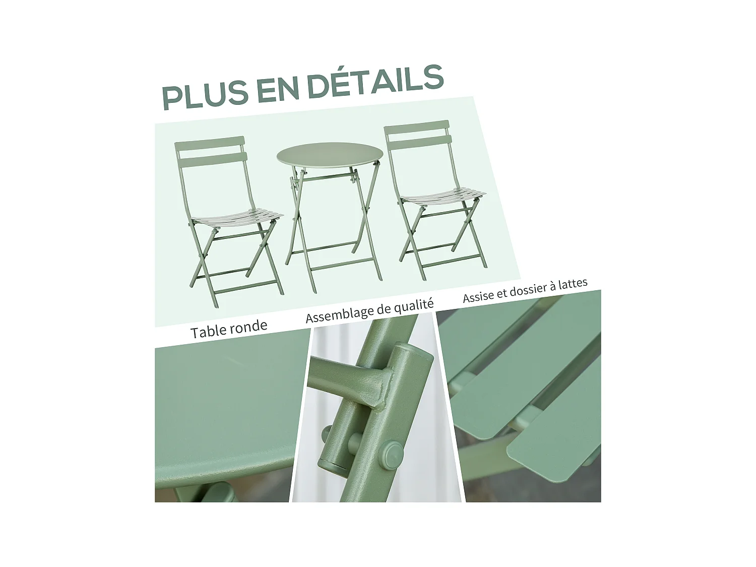 Salon de jardin bistro pliable - table ronde Ø 60 cm avec 2 chaises pliantes - métal thermolaqué vert d'eau