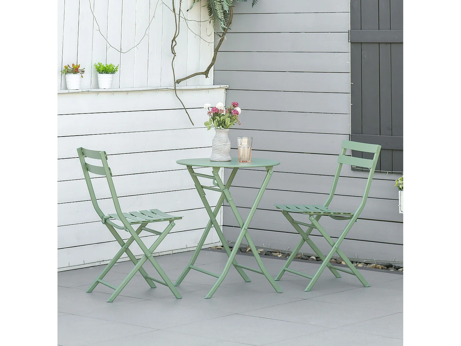 Salon de jardin bistro pliable - table ronde Ø 60 cm avec 2 chaises pliantes - métal thermolaqué vert d'eau