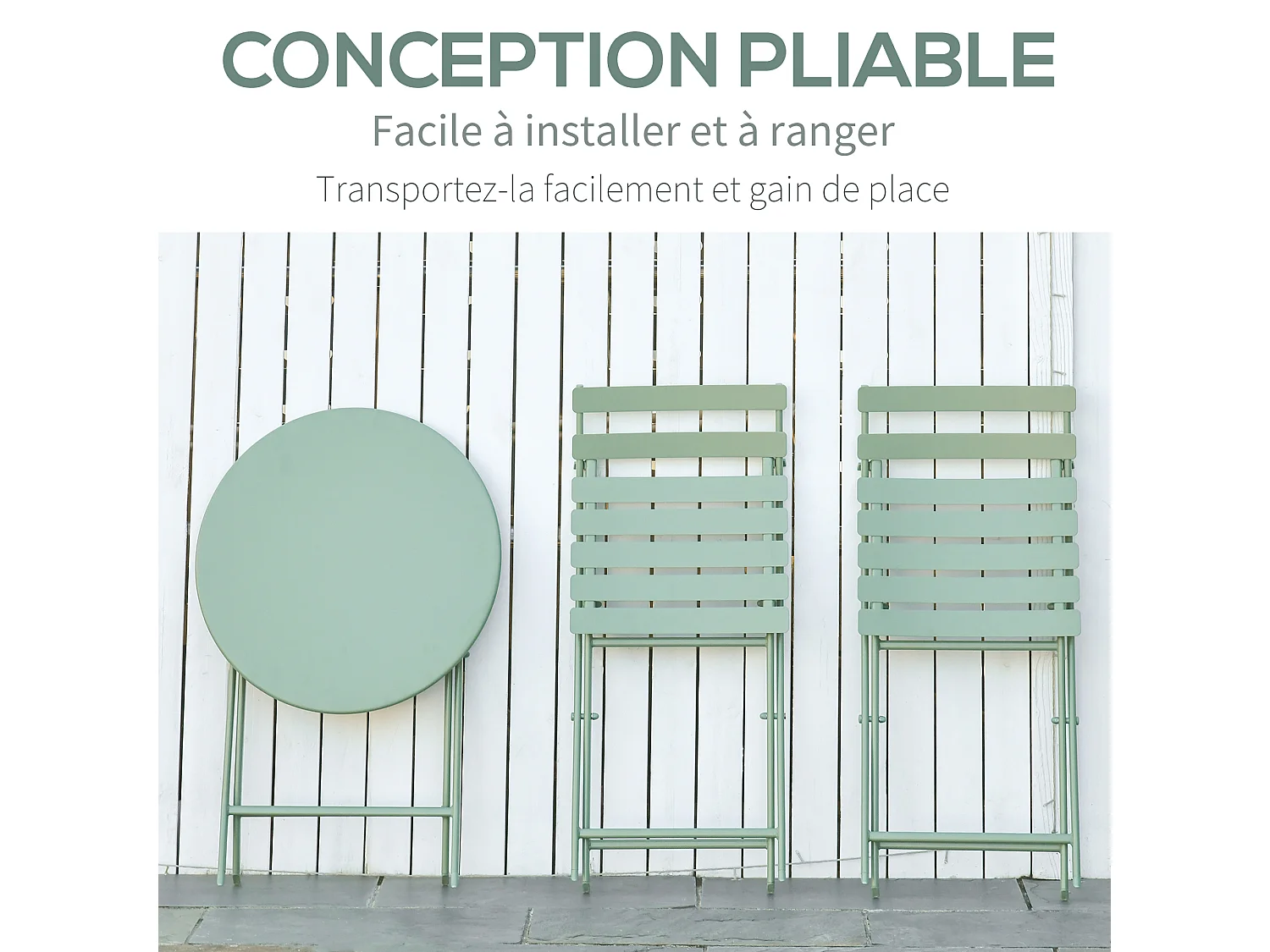 Salon de jardin bistro pliable - table ronde Ø 60 cm avec 2 chaises pliantes - métal thermolaqué vert d'eau