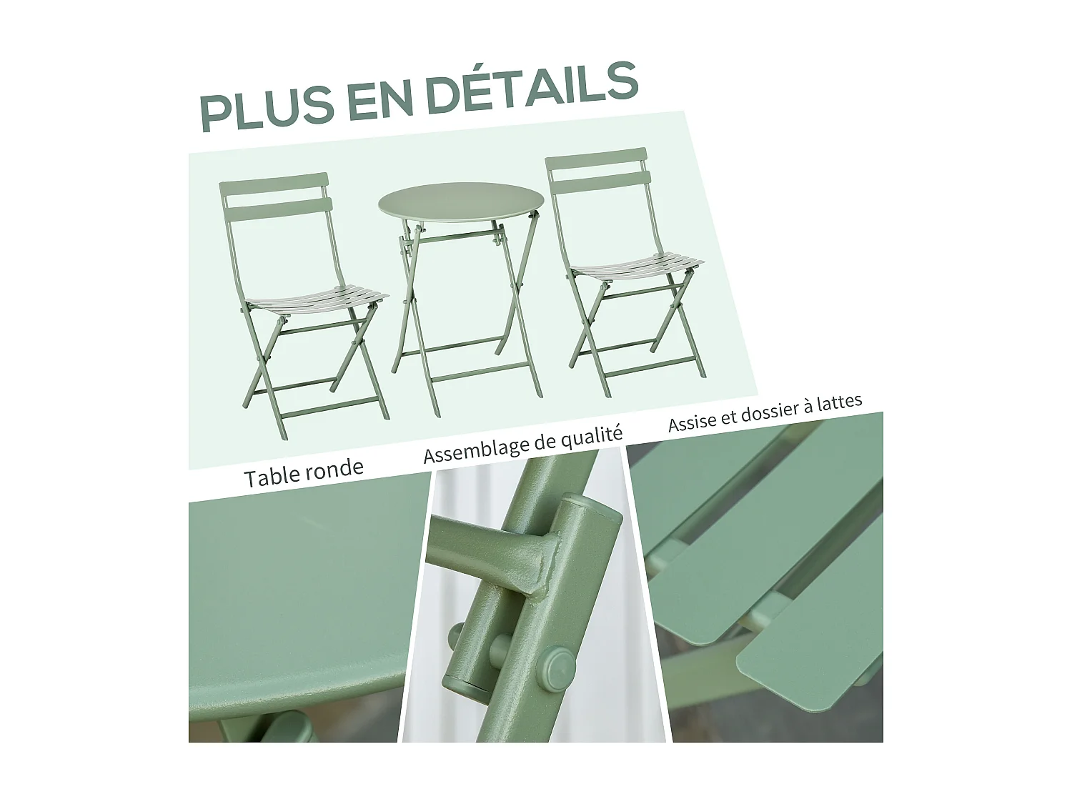 Salon de jardin bistro pliable - table ronde Ø 60 cm avec 2 chaises pliantes - métal thermolaqué vert d'eau