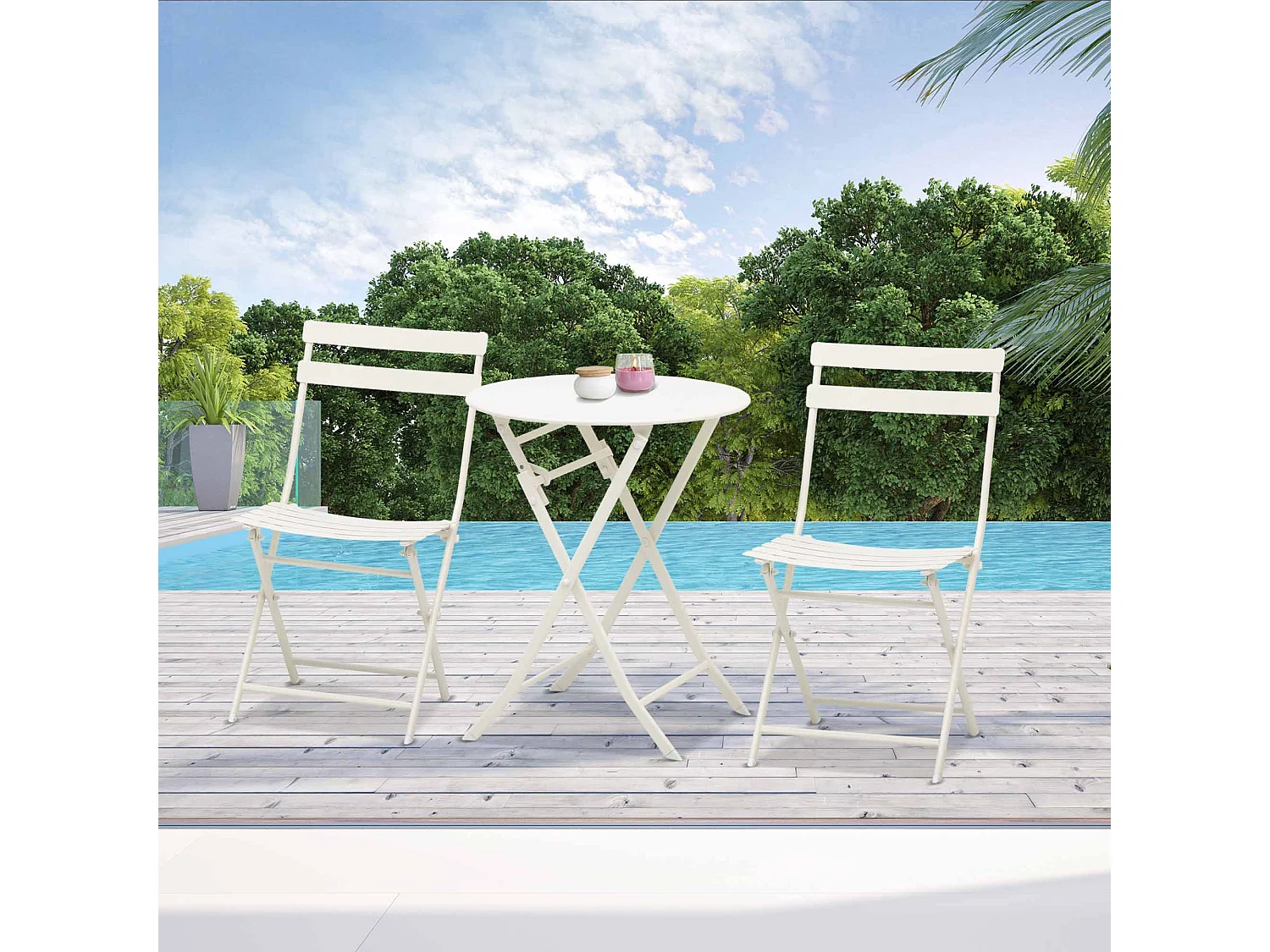 Salon de jardin bistro pliable - table ronde Ø 60 cm avec 2 chaises pliantes - métal thermolaqué blanc