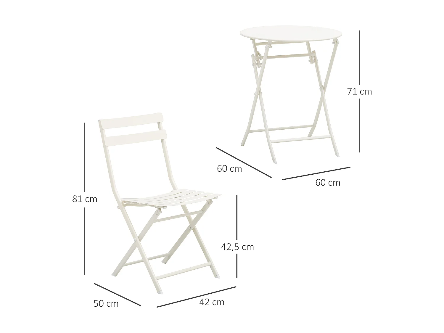 Salon de jardin bistro pliable - table ronde Ø 60 cm avec 2 chaises pliantes - métal thermolaqué blanc