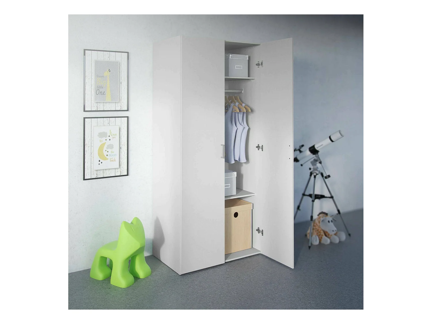 Kledingkast met twee draaideuren met twee interne planken en kleerhangerstang, kleur wit, afmetingen 77 x 175 x 49 cm