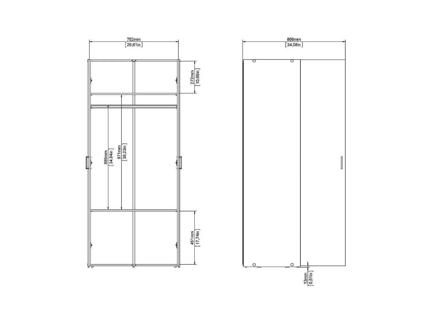 Kledingkast met twee draaideuren met twee interne planken en kleerhangerstang, kleur wit, afmetingen 77 x 175 x 49 cm