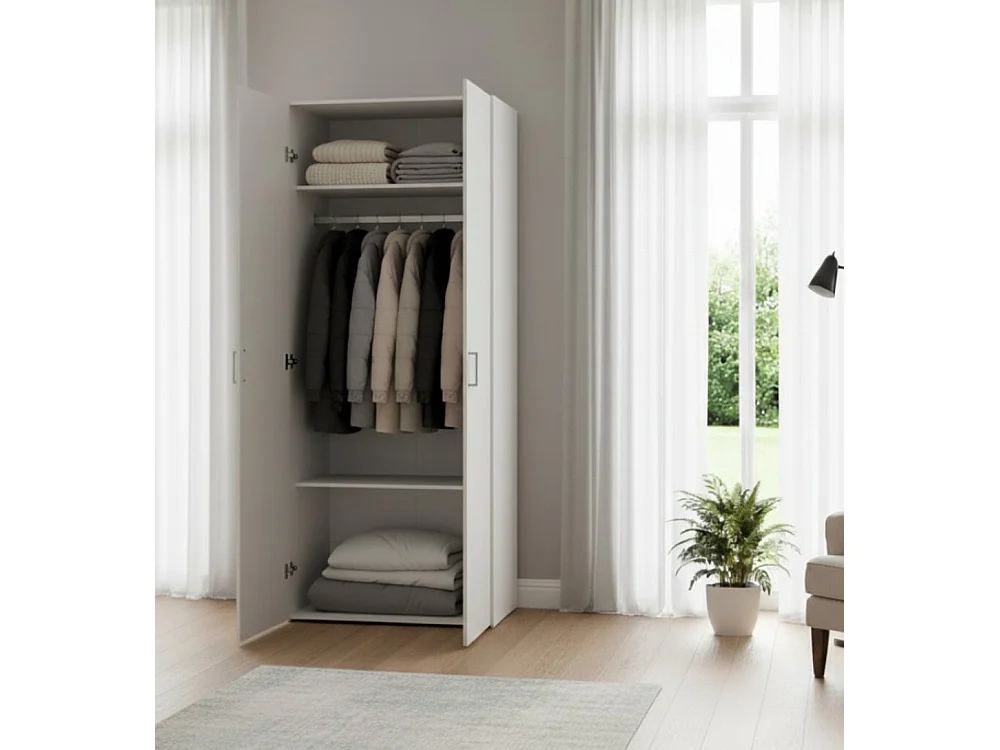 Kledingkast met twee draaideuren met twee interne planken en kleerhangerstang, kleur wit, afmetingen 77 x 175 x 49 cm