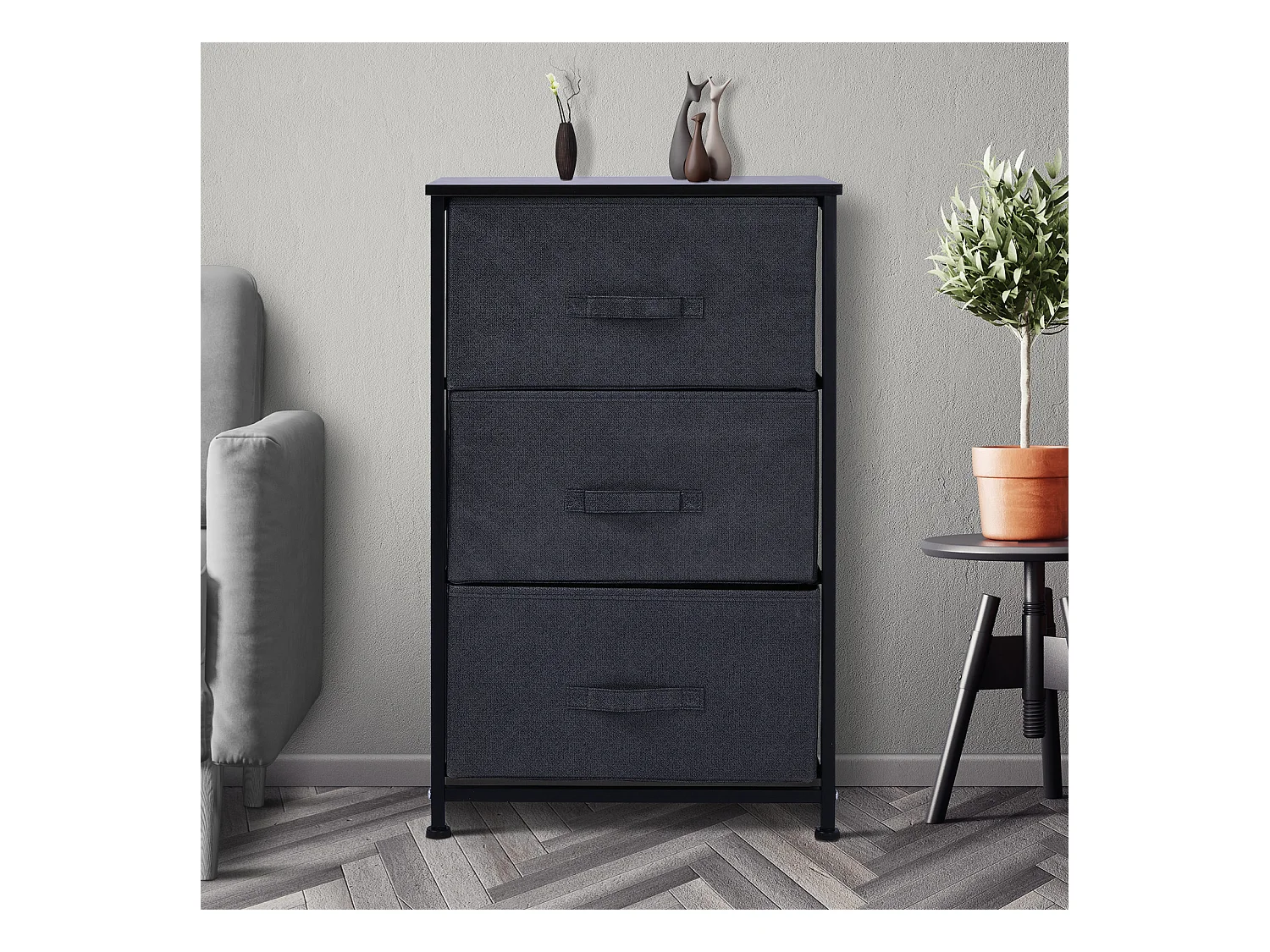 Meuble de rangement 3 tiroirs chiffonnier dim. 45L x 30l x 71H cm métal MDF non tissé noir