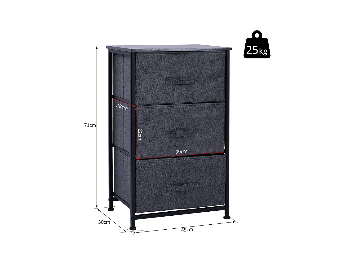 Meuble de rangement 3 tiroirs chiffonnier dim. 45L x 30l x 71H cm métal MDF non tissé noir