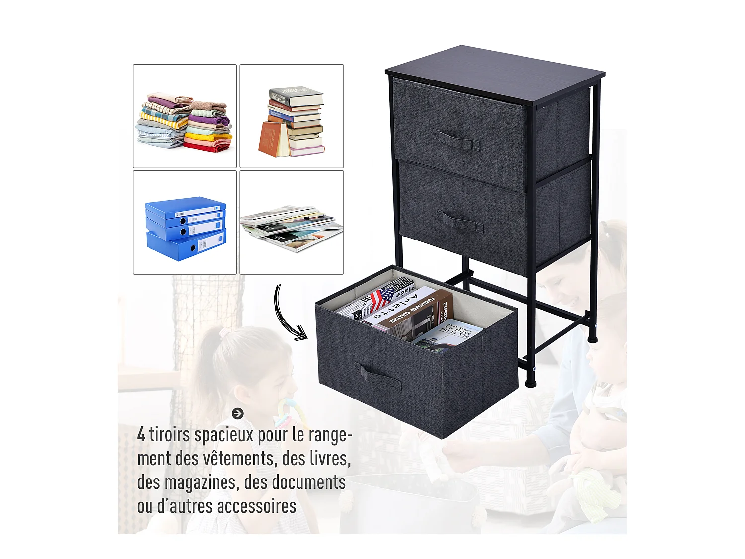 Meuble de rangement 3 tiroirs chiffonnier dim. 45L x 30l x 71H cm métal MDF non tissé noir