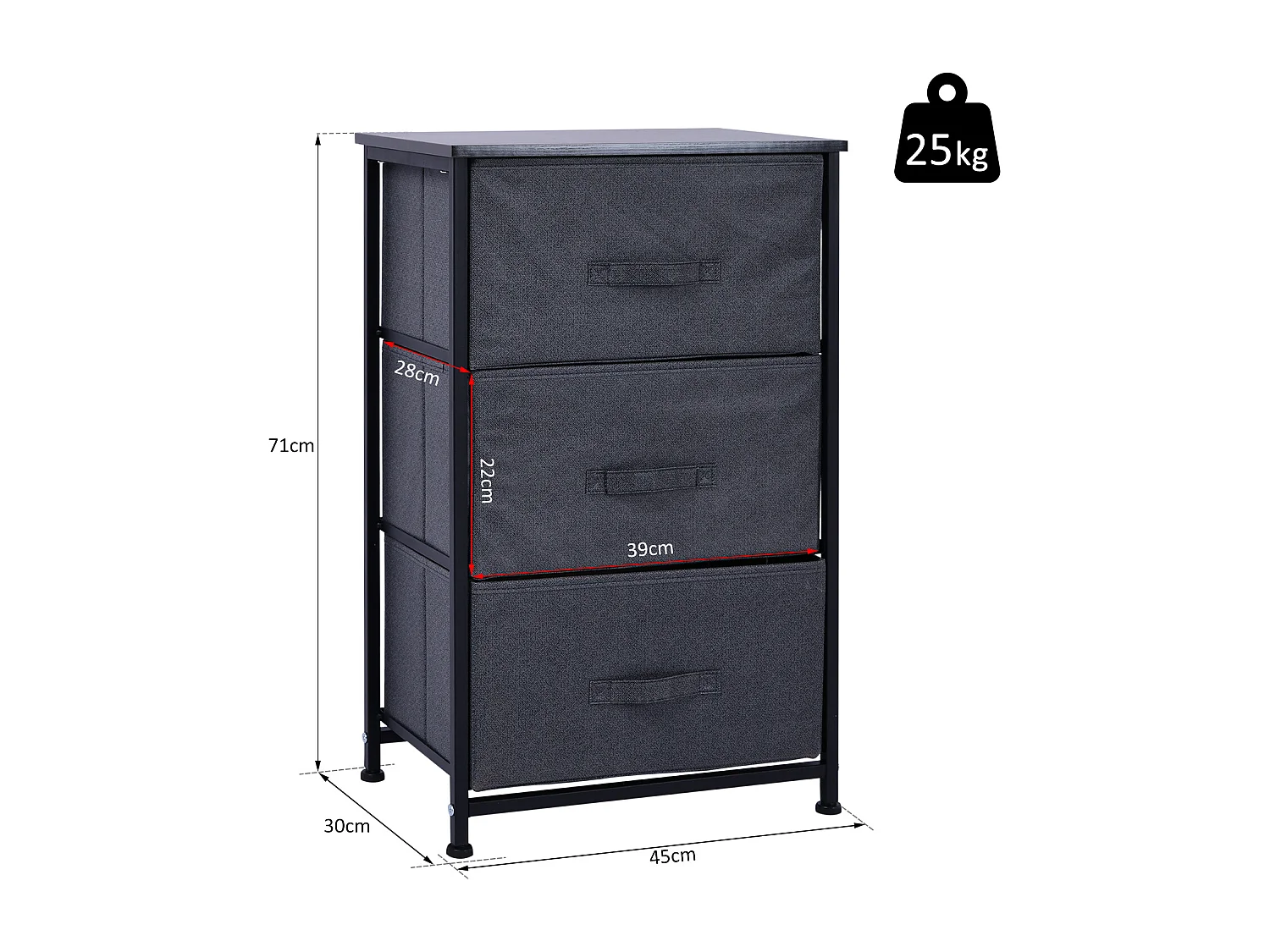 Meuble de rangement 3 tiroirs chiffonnier dim. 45L x 30l x 71H cm métal MDF non tissé noir