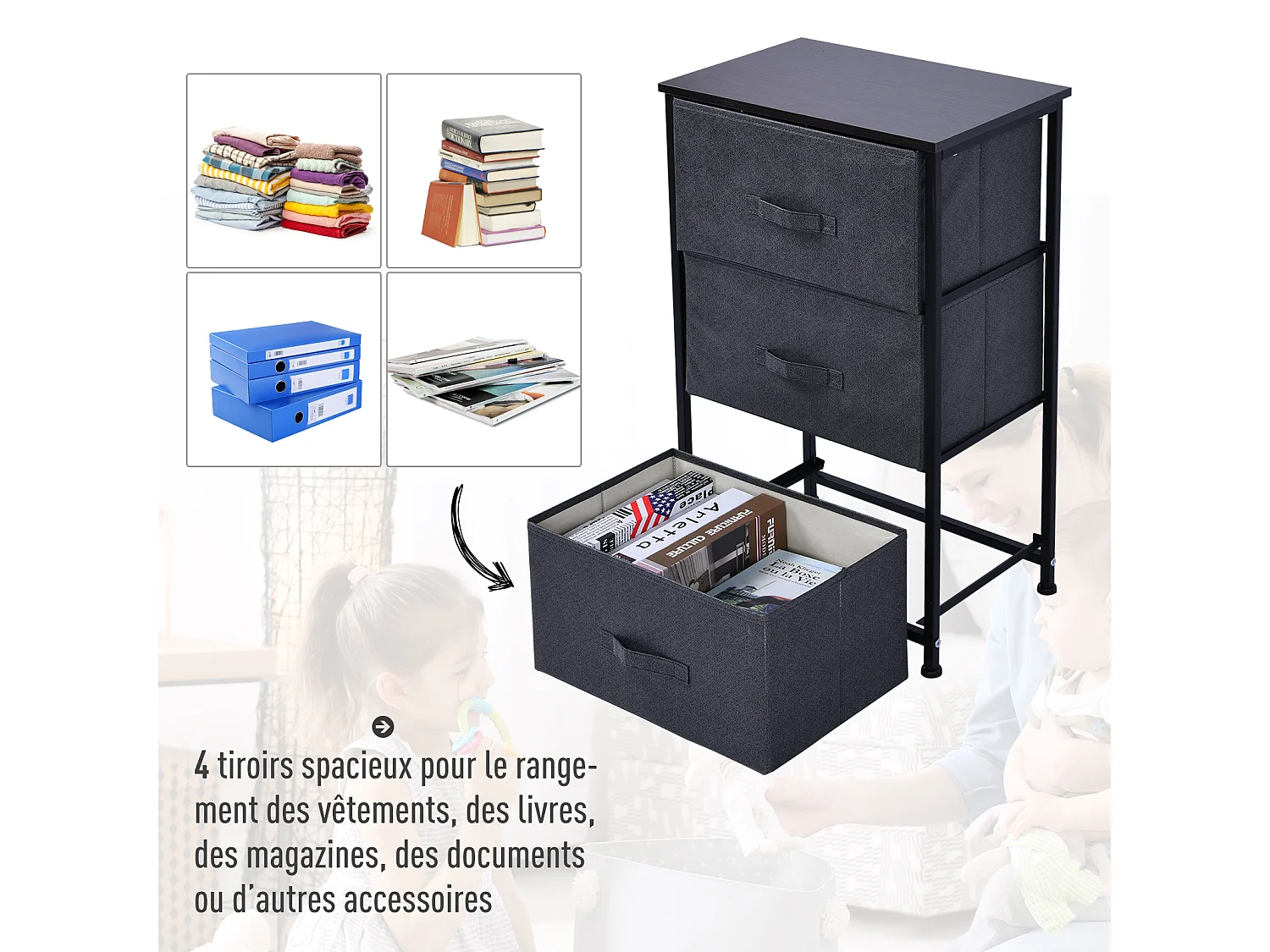 Meuble de rangement 3 tiroirs chiffonnier dim. 45L x 30l x 71H cm métal MDF non tissé noir