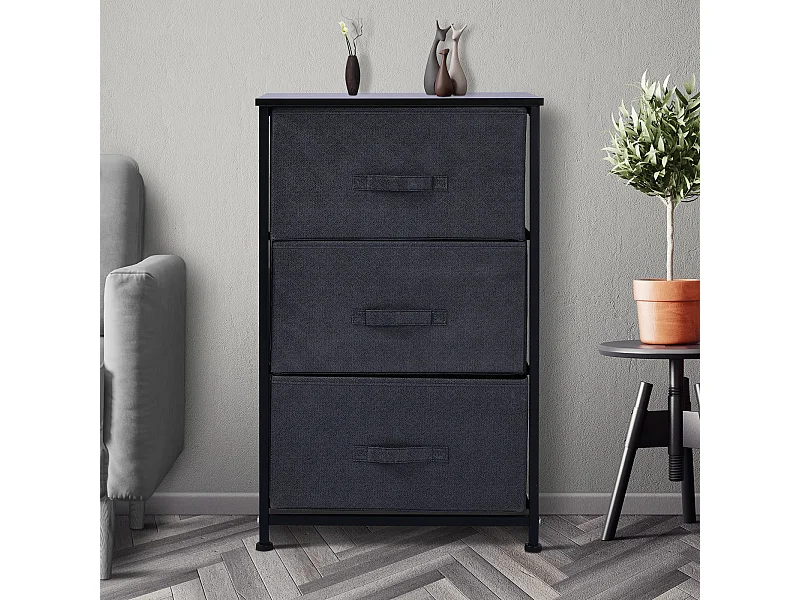 Meuble de rangement 3 tiroirs chiffonnier dim. 45L x 30l x 71H cm métal MDF non tissé noir