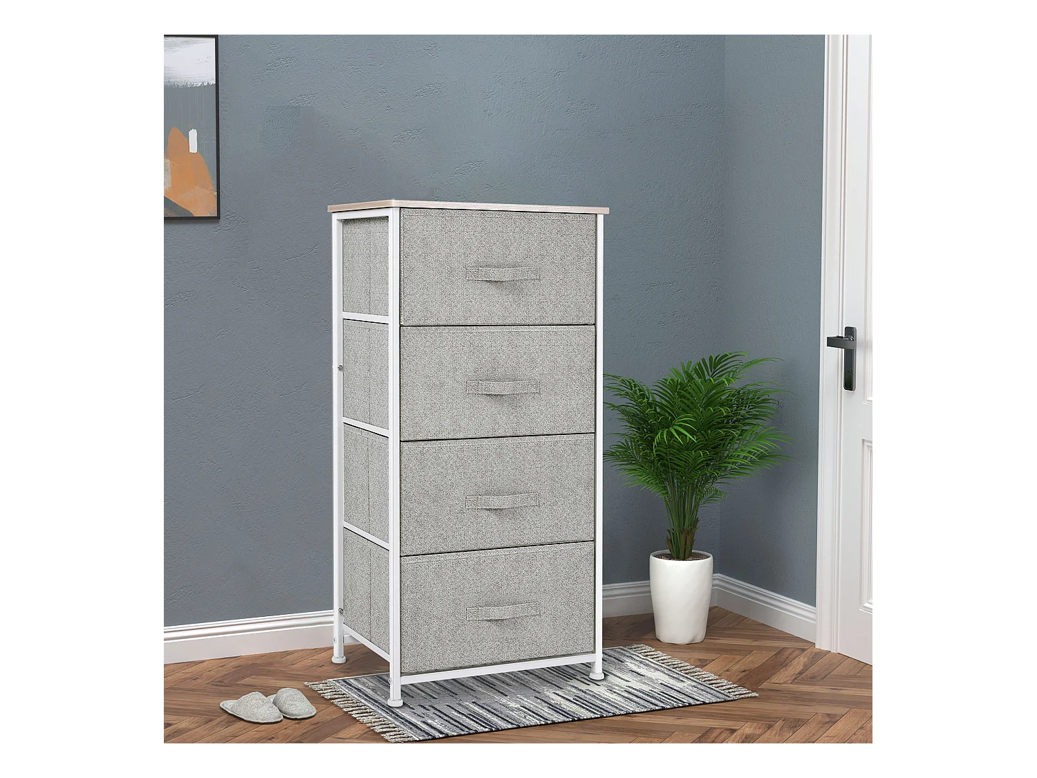 Chiffonnier meuble de rangement dim. 45L x 30l x 92H cm 4 tiroirs non-tissés gris structure métal blanc plateau MDF bois clair