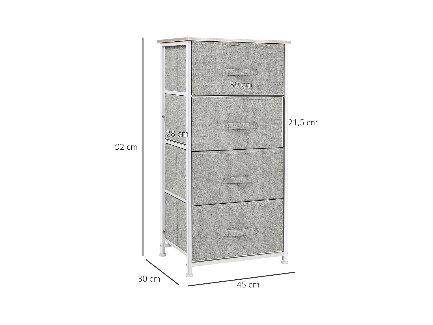 Chiffonnier meuble de rangement dim. 45L x 30l x 92H cm 4 tiroirs non-tissés gris structure métal blanc plateau MDF bois clair