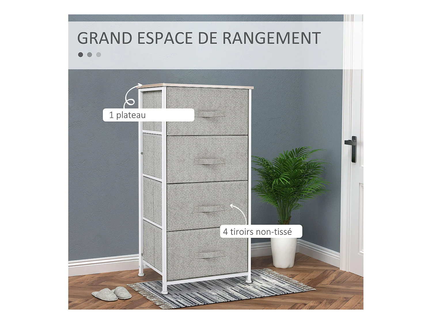 Chiffonnier meuble de rangement dim. 45L x 30l x 92H cm 4 tiroirs non-tissés gris structure métal blanc plateau MDF bois clair