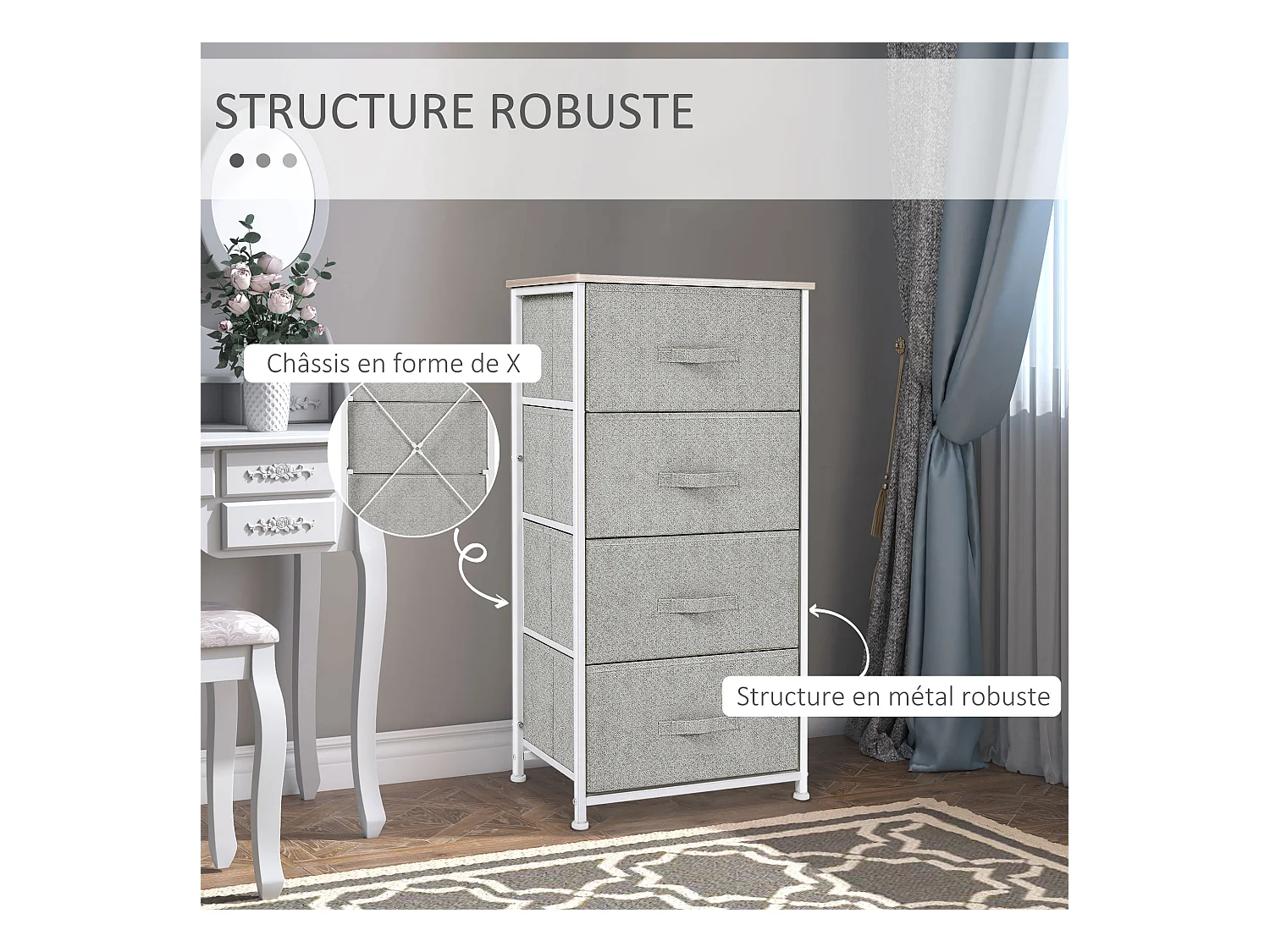 Chiffonnier meuble de rangement dim. 45L x 30l x 92H cm 4 tiroirs non-tissés gris structure métal blanc plateau MDF bois clair