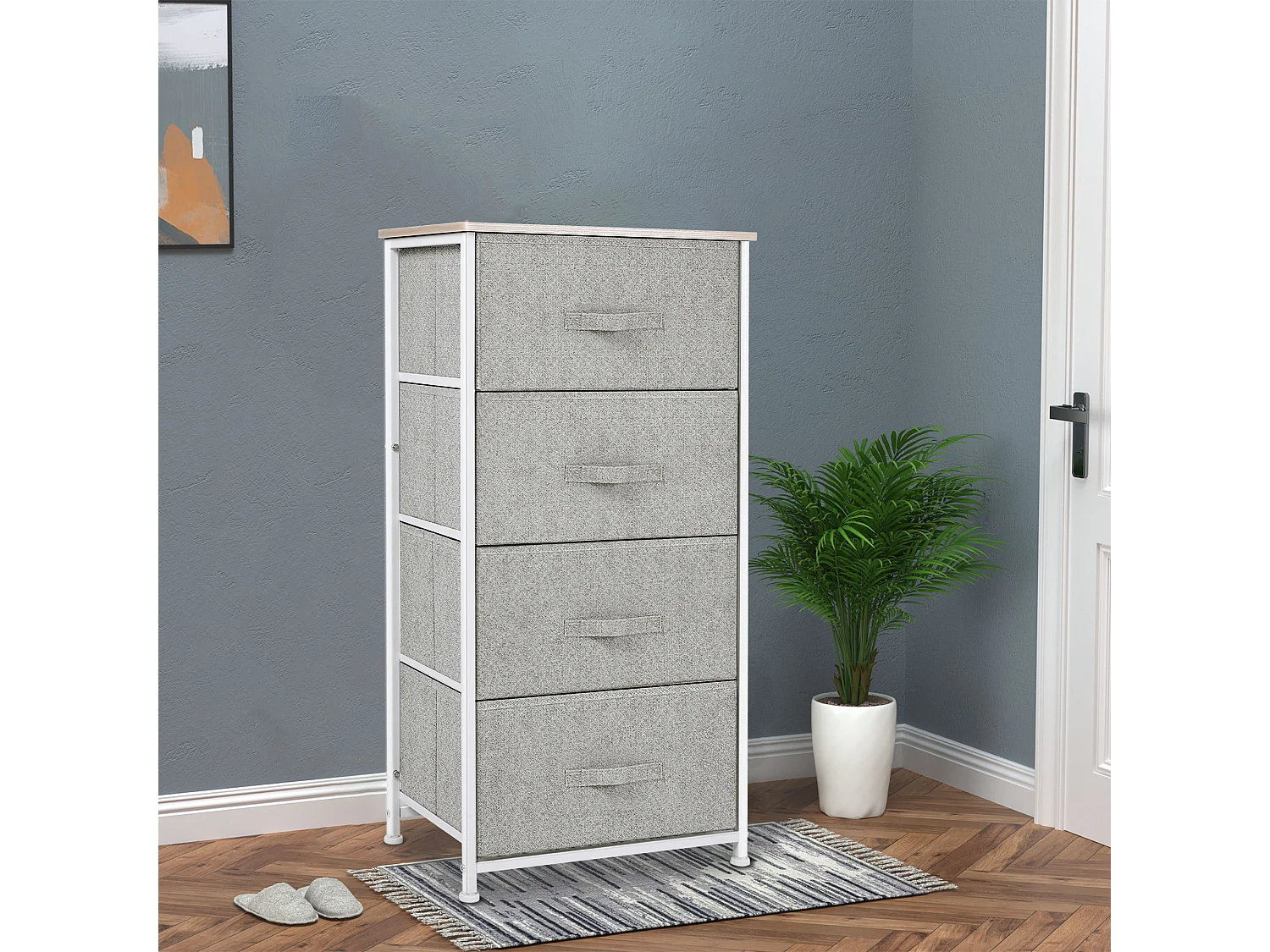 Chiffonnier meuble de rangement dim. 45L x 30l x 92H cm 4 tiroirs non-tissés gris structure métal blanc plateau MDF bois clair