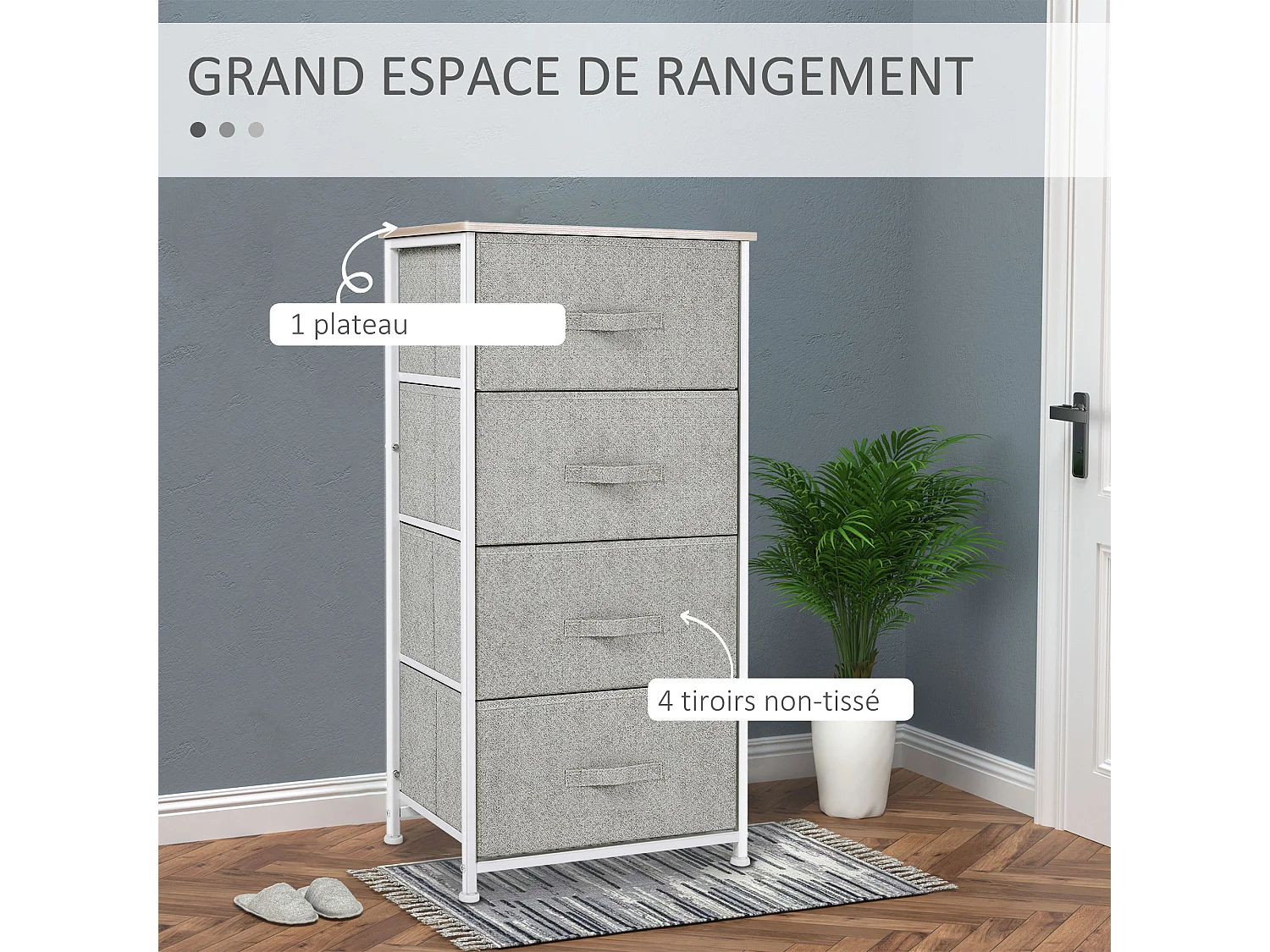 Chiffonnier meuble de rangement dim. 45L x 30l x 92H cm 4 tiroirs non-tissés gris structure métal blanc plateau MDF bois clair