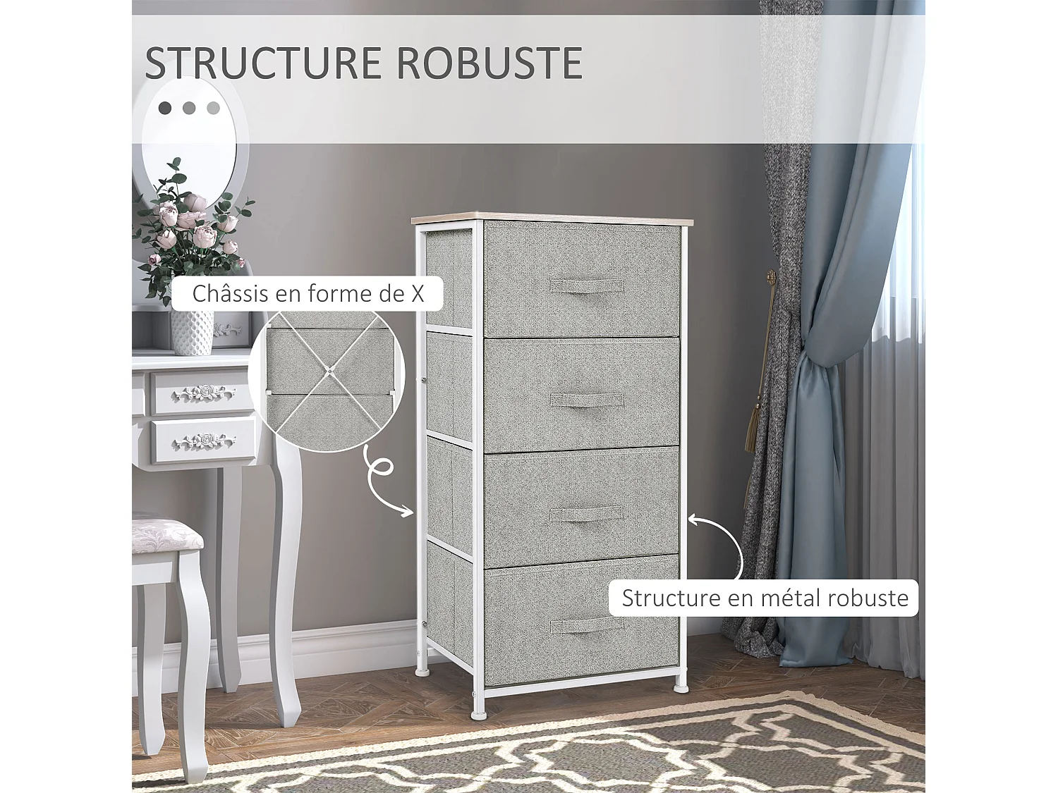 Chiffonnier meuble de rangement dim. 45L x 30l x 92H cm 4 tiroirs non-tissés gris structure métal blanc plateau MDF bois clair