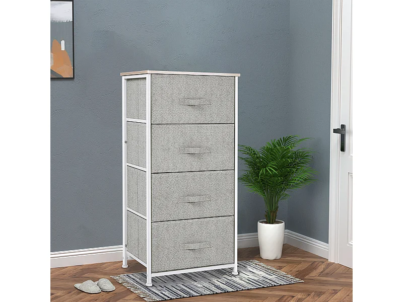 Chiffonnier meuble de rangement dim. 45L x 30l x 92H cm 4 tiroirs non-tissés gris structure métal blanc plateau MDF bois clair