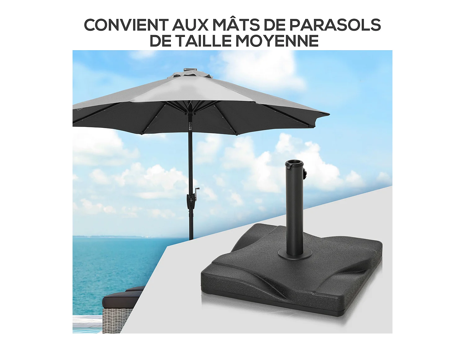Pied de parasol base de lestage parasol carré dim. 41,5L x 41,5I x 35H cm poids net 20 Kg ciment HDPE noir