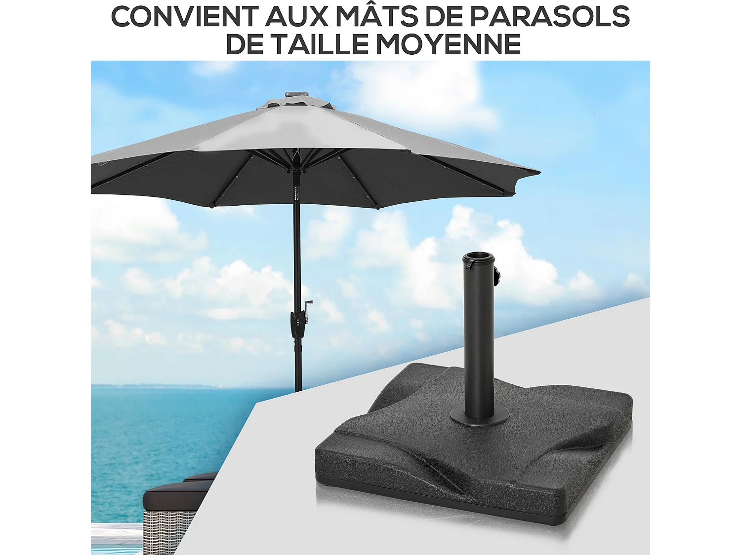 Pied de parasol base de lestage parasol carré dim. 41,5L x 41,5I x 35H cm poids net 20 Kg ciment HDPE noir