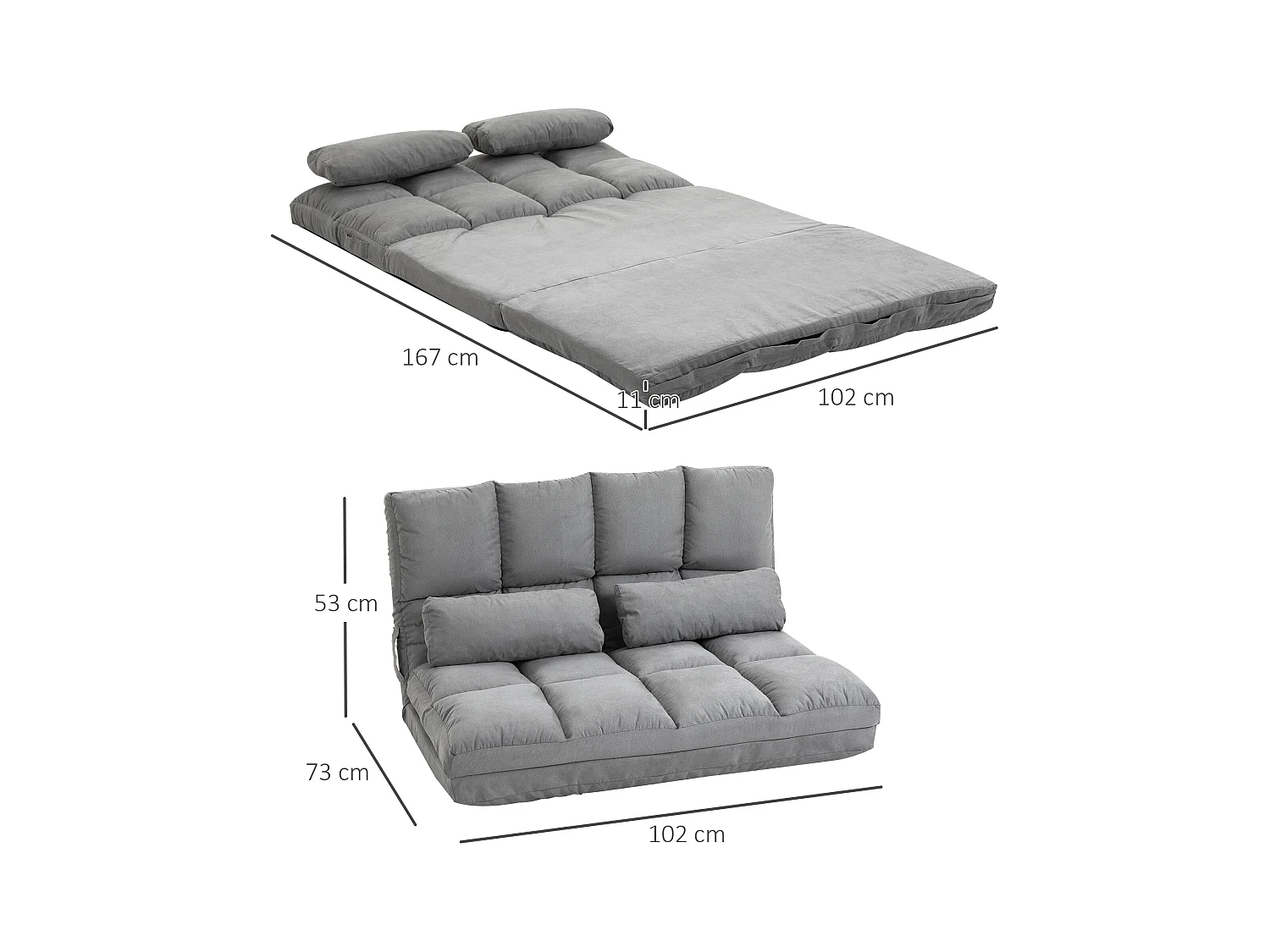 Chauffeuse - matelas d'appoint pliant - fauteuil convertible - inclinaison dossier réglable 14 positions - 2 coussins inclus - polyester aspect suédé gris