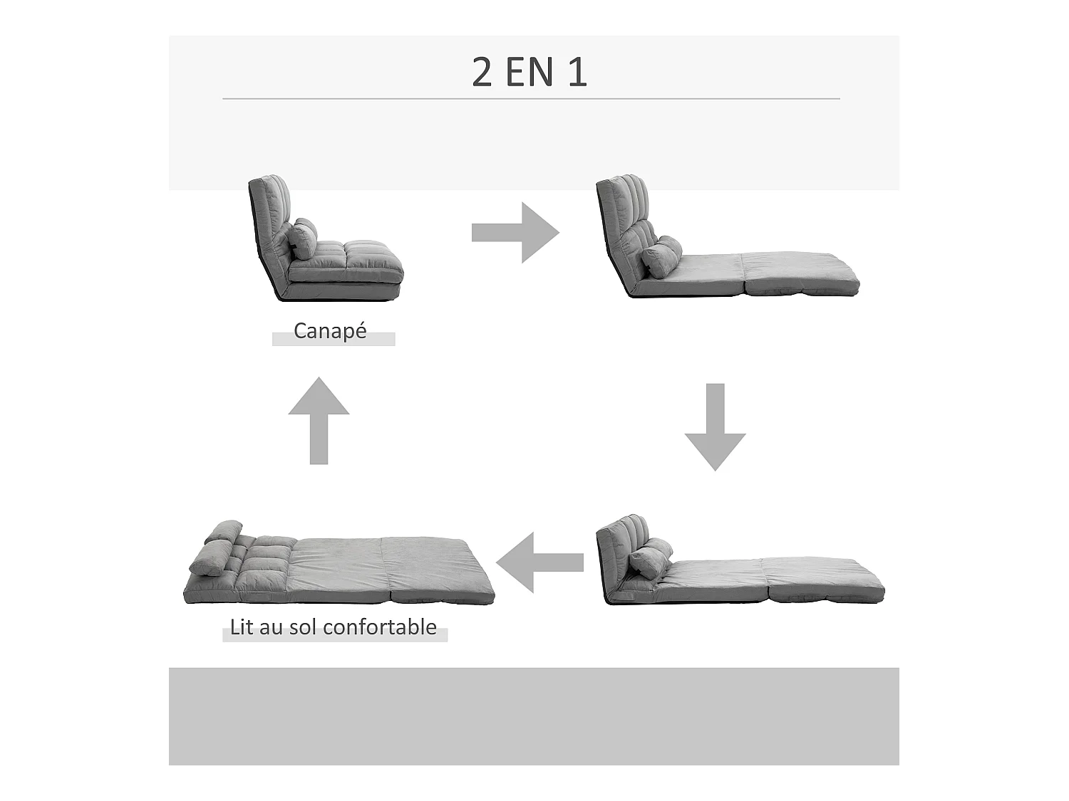 Chauffeuse - matelas d'appoint pliant - fauteuil convertible - inclinaison dossier réglable 14 positions - 2 coussins inclus - polyester aspect suédé gris