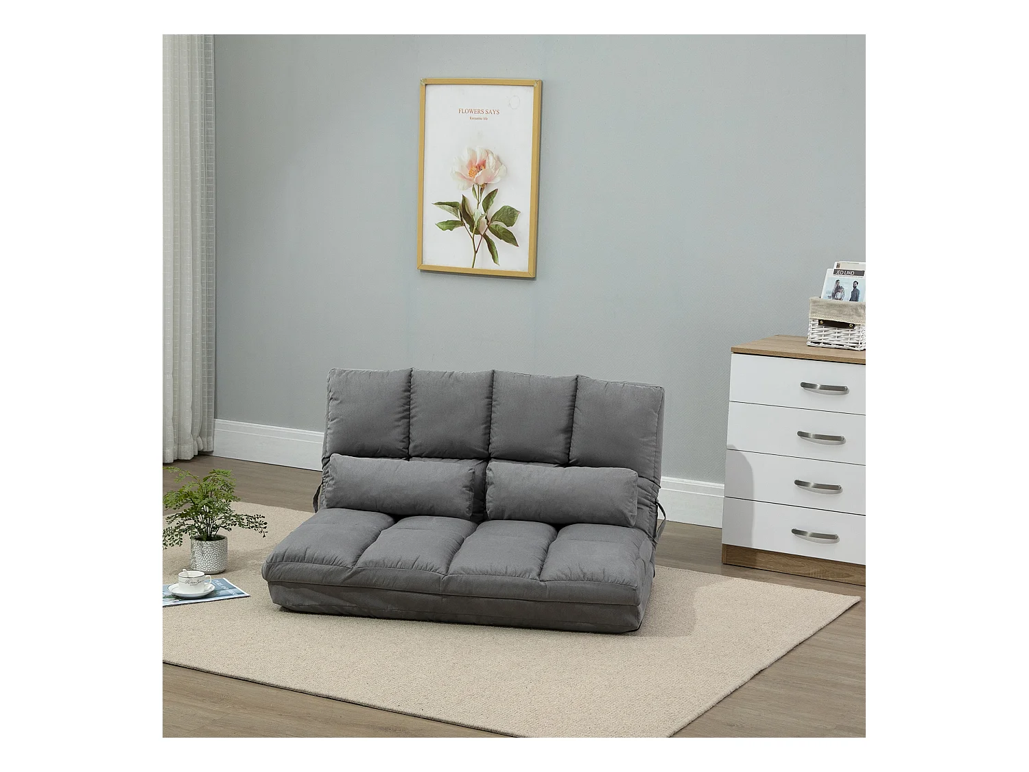 Chauffeuse - matelas d'appoint pliant - fauteuil convertible - inclinaison dossier réglable 14 positions - 2 coussins inclus - polyester aspect suédé gris