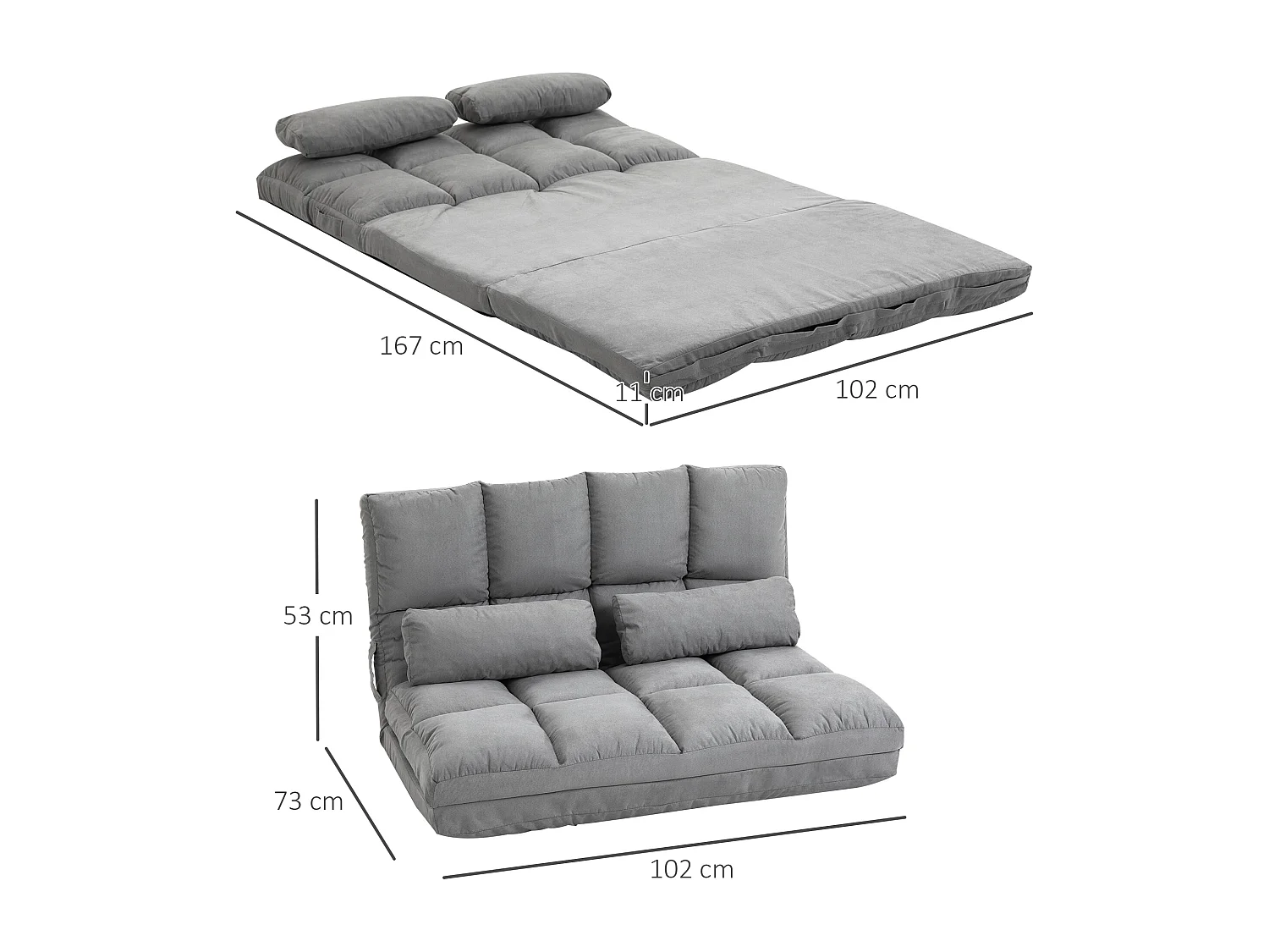 Chauffeuse - matelas d'appoint pliant - fauteuil convertible - inclinaison dossier réglable 14 positions - 2 coussins inclus - polyester aspect suédé gris