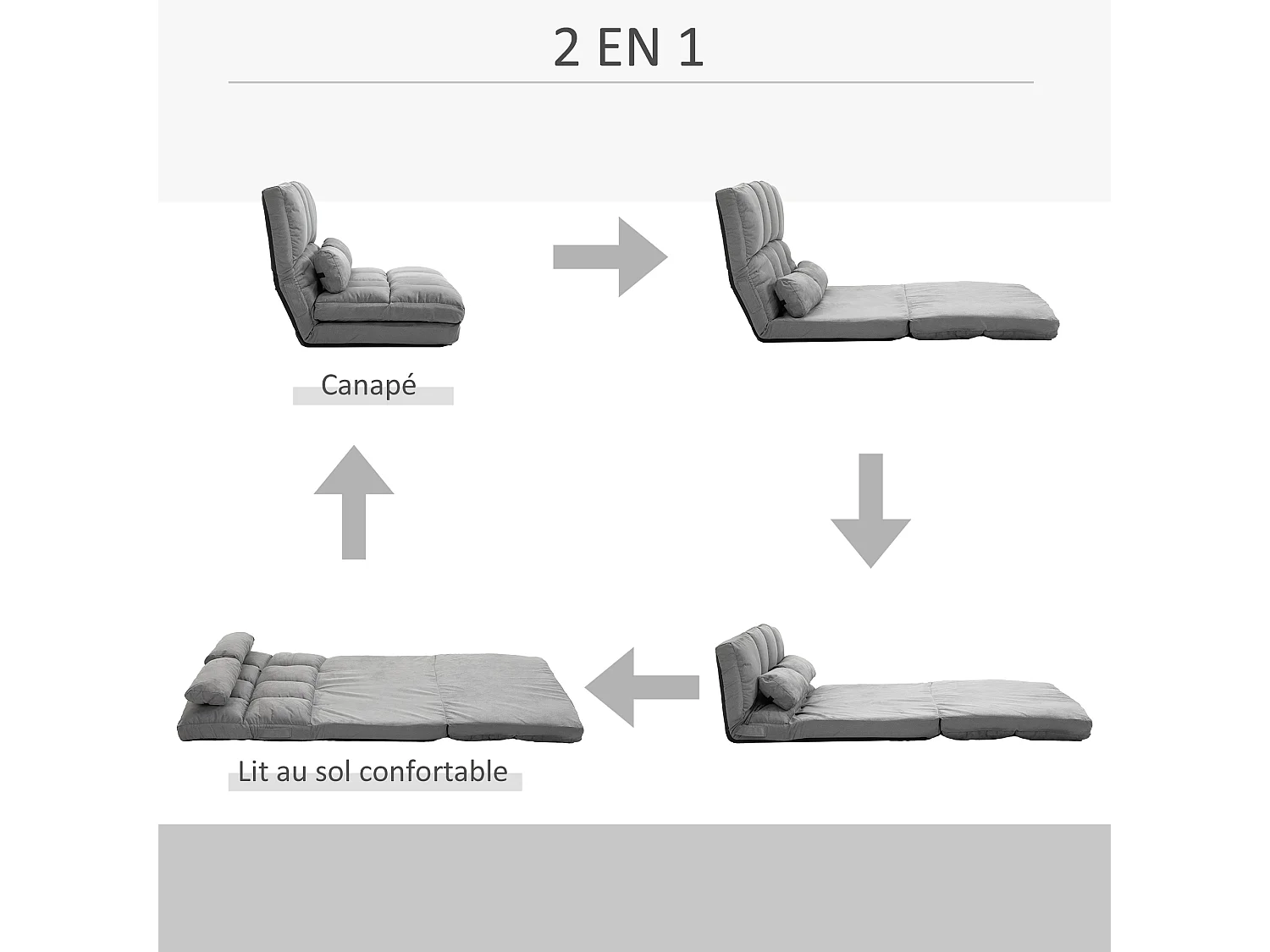 Chauffeuse - matelas d'appoint pliant - fauteuil convertible - inclinaison dossier réglable 14 positions - 2 coussins inclus - polyester aspect suédé gris