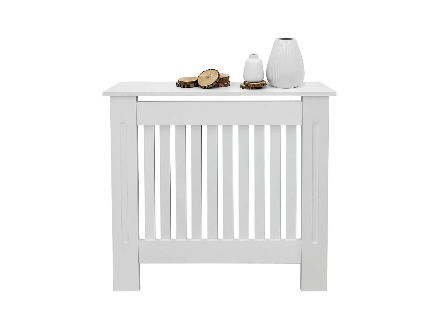Cache-radiateur 78x19x82 cm blanc à lattes verticales avec une surface d'étagère habillage robuste en bois MDF matériel de montage mural inclus