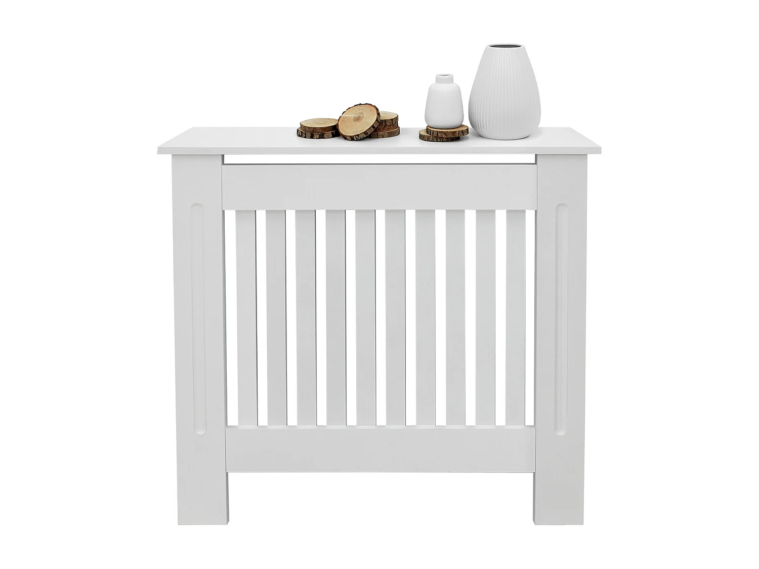 Cache-radiateur 78x19x82 cm blanc à lattes verticales avec une surface d'étagère habillage robuste en bois MDF matériel de montage mural inclus