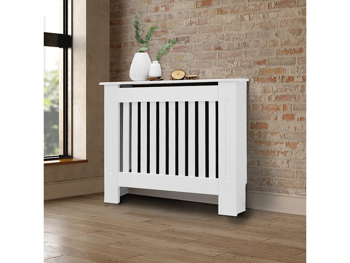 Cache-radiateur 78x19x82 cm blanc à lattes verticales avec une surface d'étagère habillage robuste en bois MDF matériel de montage mural inclus