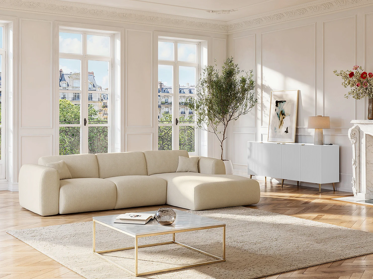 Aparador com 4 portas em MDF e aço branco e dourado - YESINIA