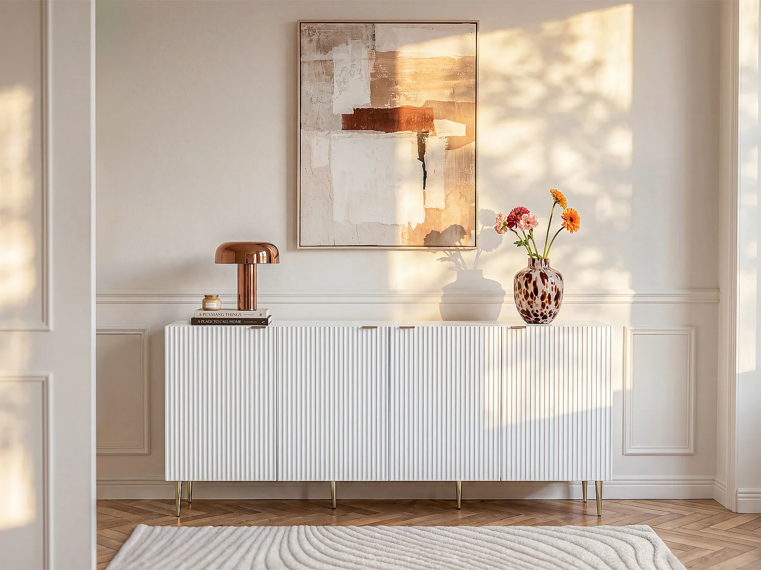 Buffet avec 4 portes en MDF et acier - Blanc et doré - YESINIA