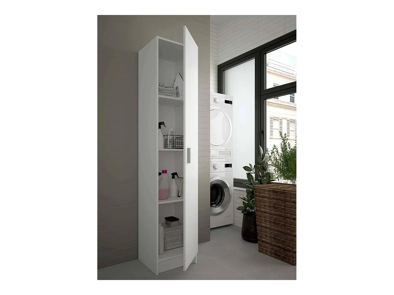 Armoire polyvalente Dibels, Armoire auxiliaire avec 1 porte, Armoire à chaussures avec étagères, Étagère à chaussures verticale, 37x37h180 cm, Blanc