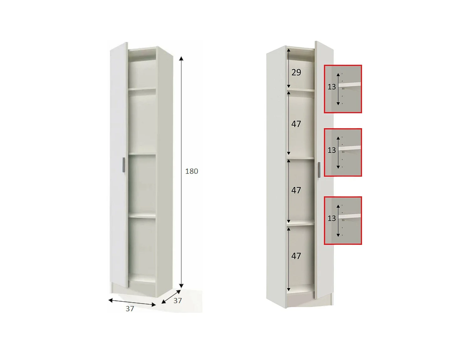 Armoire polyvalente Dibels, Armoire auxiliaire avec 1 porte, Armoire à chaussures avec étagères, Étagère à chaussures verticale, 37x37h180 cm, Blanc