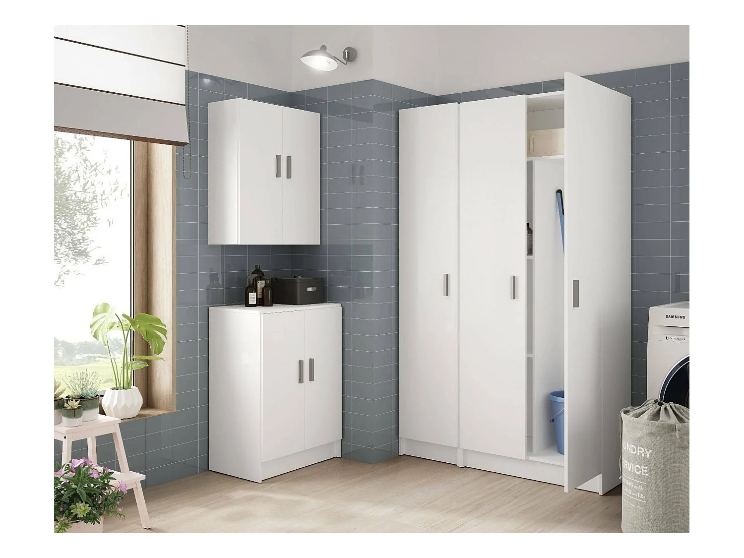 Armoire polyvalente Dibels, Armoire auxiliaire avec 1 porte, Armoire à chaussures avec étagères, Étagère à chaussures verticale, 37x37h180 cm, Blanc