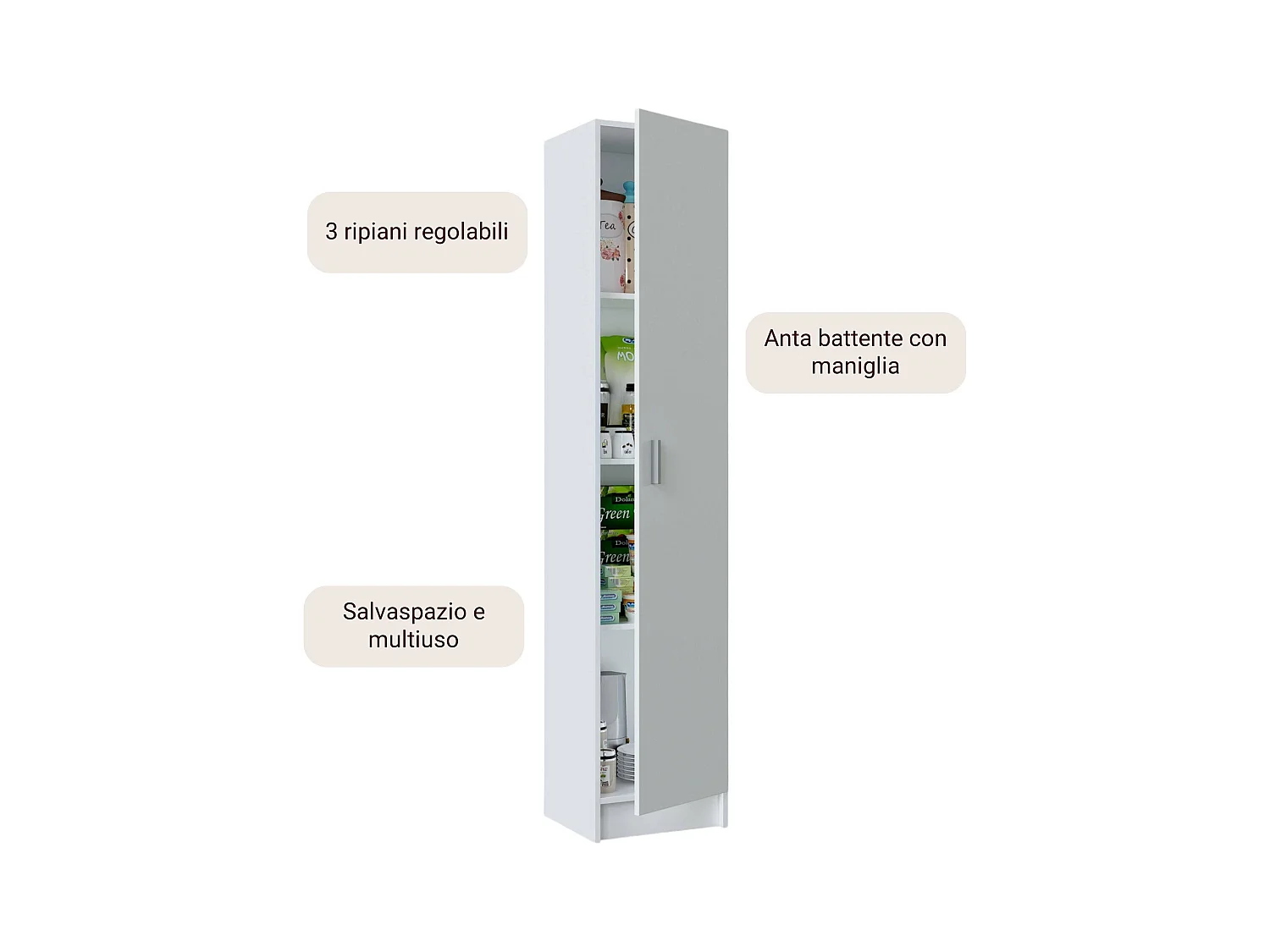 Armoire polyvalente Dibels, Armoire auxiliaire avec 1 porte, Armoire à chaussures avec étagères, Étagère à chaussures verticale, 37x37h180 cm, Blanc
