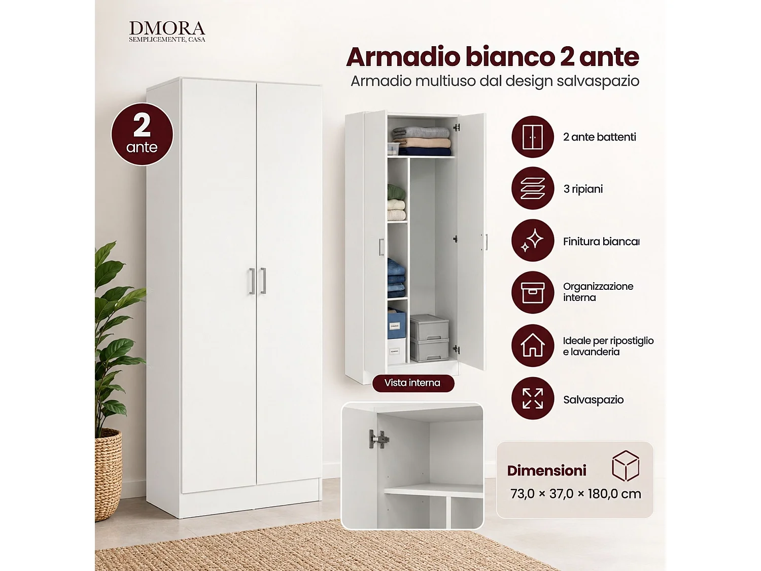 Armoire polyvalente Dabaldi, Armoire à balais avec 2 portes, Étagère à chaussures avec étagères, Armoire à balais, cm73x37h180 cm, Blanc