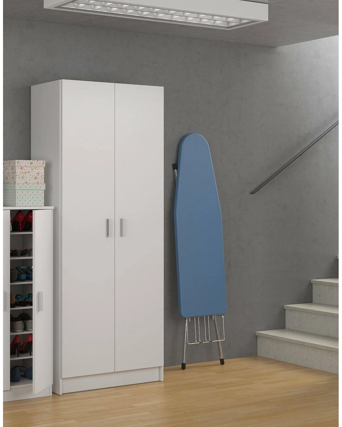 Dabaldi multifunctionele kledingkast, Bezemhouderkast met 2 deuren, Schoenenrek met planken, Bezemhouderkast, cm73x37h180 cm, Wit