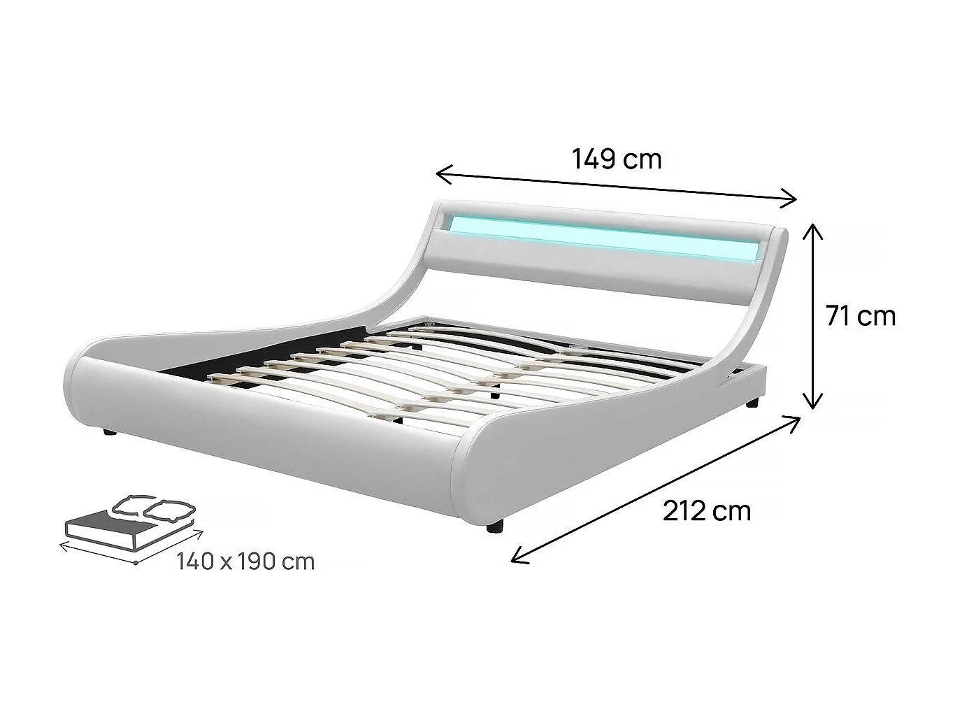 Lit LED "Natacha" - 140 x 190 cm - Blanc